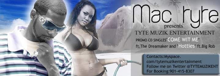 Music promo banner featuring artist with sunglasses and a woman in a bikini, contact details included.